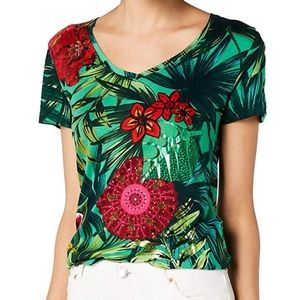 SOLD - DESIGUAL Vibrant Green and Red Floral Embellished Print T-shirt